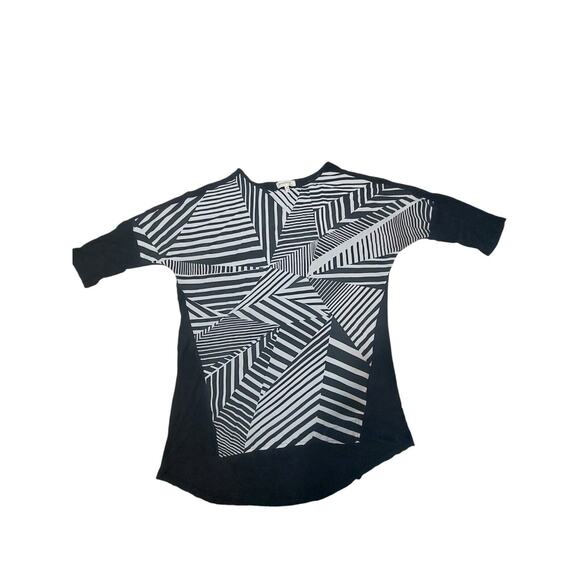 Monteau Shirt Womens MBlack 3/4 Sleeve Round Neck Pullover Sheer Abstract Trip - Picture 1 of 5